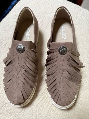 Ariat Taupe Fringe Slip-On Mules with Concho
